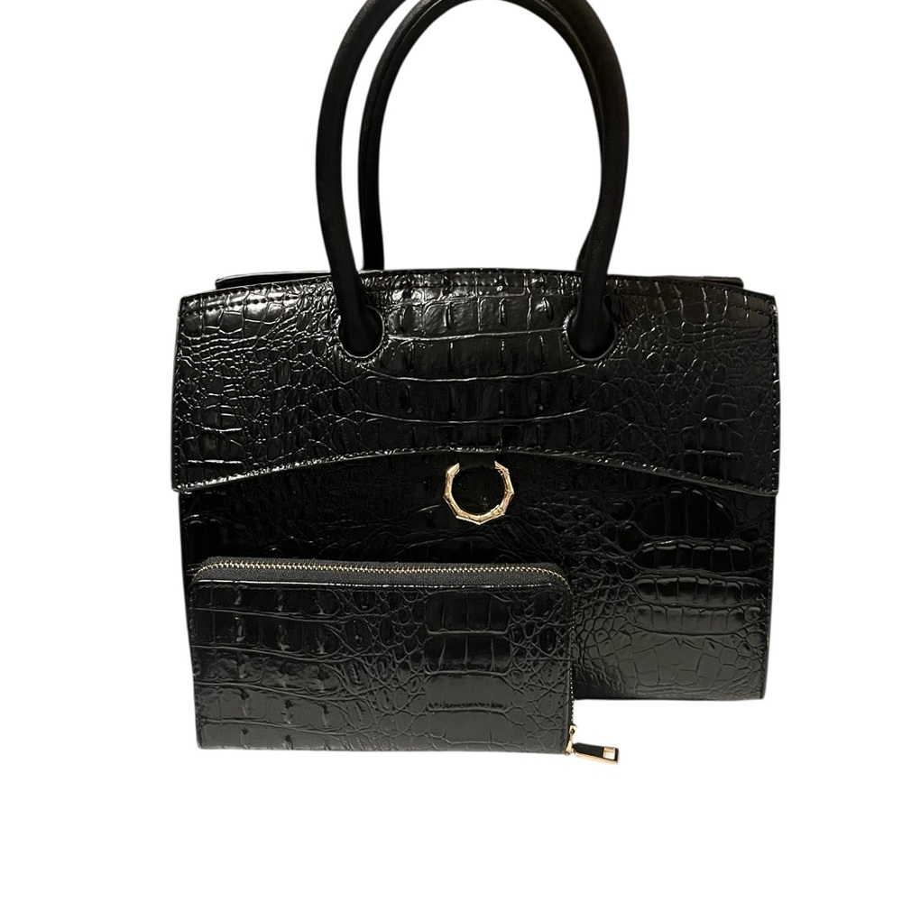 American Bee Faux Leather Black Crocodile-Embossed Handbag